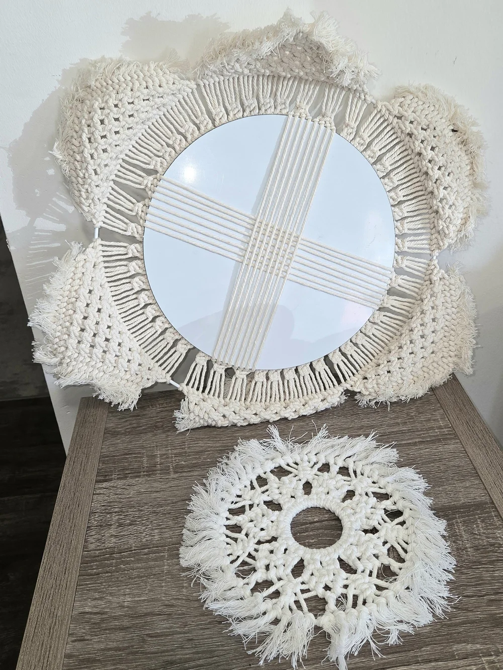 Handmade Macrame Wall Mirror Round Bohemian Beige Cotton Rope and Coaster SEE DE